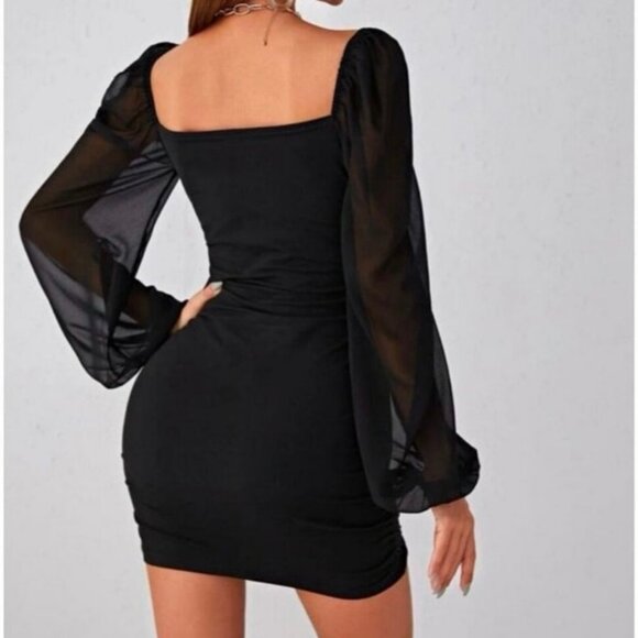 SHEIN Black Square Neck Bodycon Mini Dress Size Small Long Sheer Puff Sleeve - Picture 2 of 8